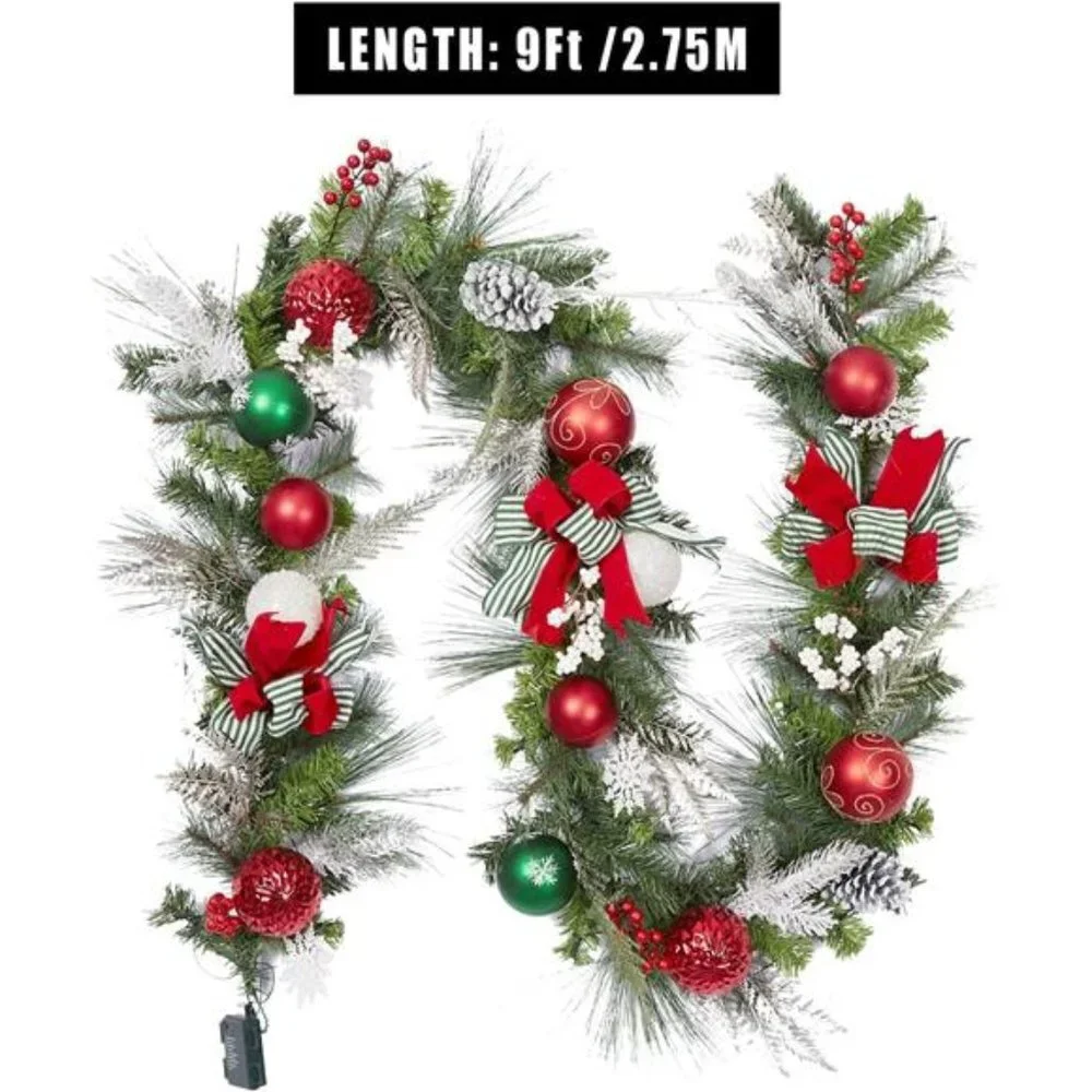 9ft Prelit Christmas Garland with 40 Light for Front Door, w/ Bow Christmas Ball